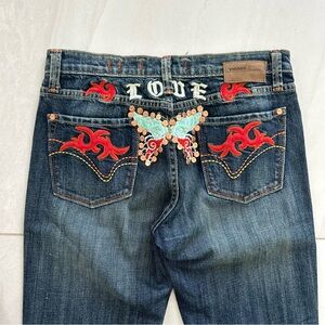Vigoss Dark Blue Embroidered Butterfly Love Jeans with Red Accents
